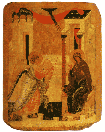 The State Hermitage Museum: Collection Highlights The Annunciation. Double sided tablet icon Novgorod School. Late 15th - 16th century. Egg tempura on gesso, linen, wood, gilding.
