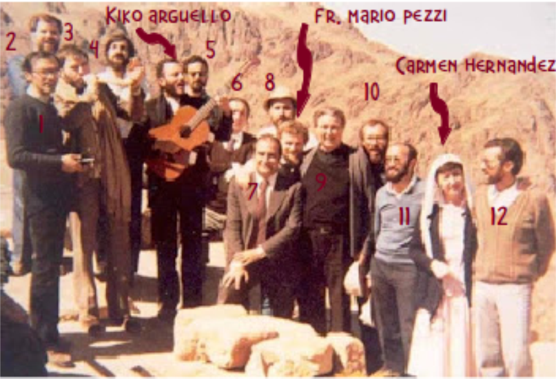 Kiko, Carmen, and Fr. Mario on Mt. Sinai with 12 companions, circa 1972